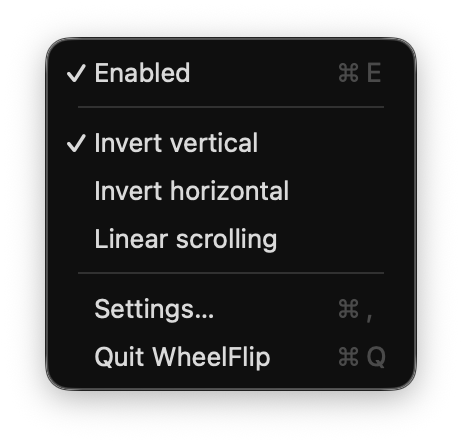 The WheelFlip menu in the macOS menu bar: Enabled, Invert vertical, Invert horizontal, Linear scrolling, Settings and Quit WheelFlip.