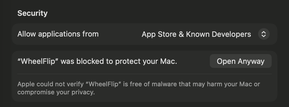 The Security section of Privacy & Security in System Settings. It reads “WheelFlip” was blocked to protect your Mac, with an Open Anyway button beside it.