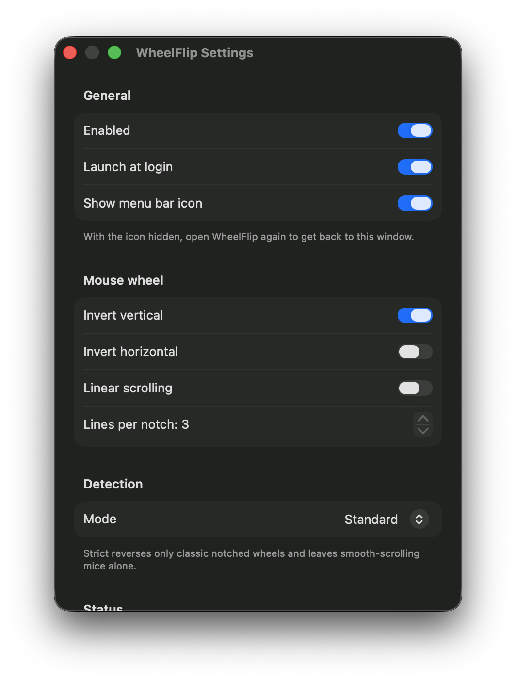 The WheelFlip Settings window, showing the General and Mouse wheel sections.