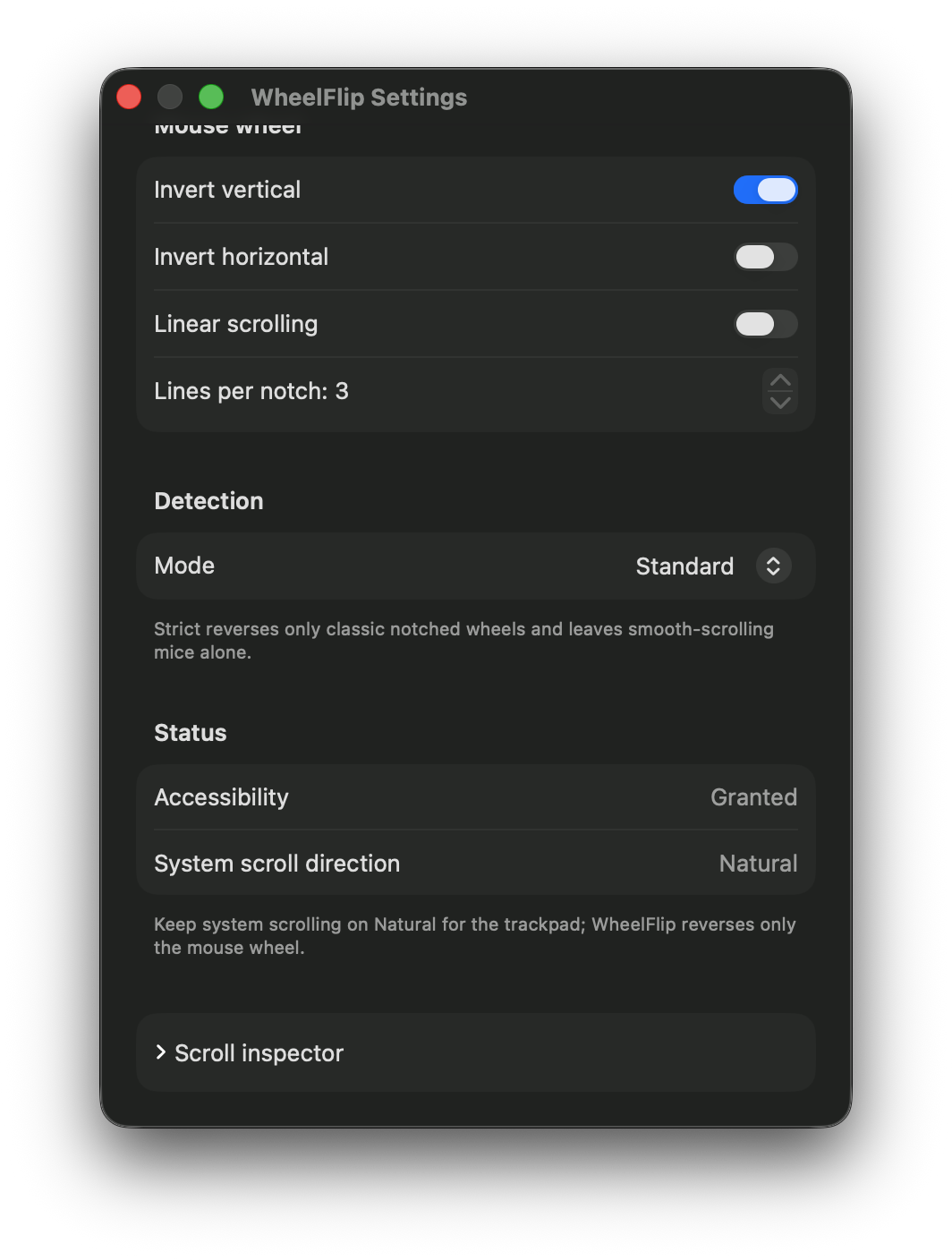 The WheelFlip Settings window scrolled down, showing the Detection, Status and Scroll inspector sections.